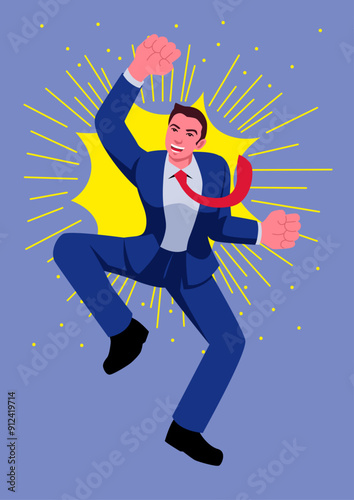 Businessman jumping excitedly on comic splash background. Ideal for business success, motivational, and growth themes, symbolizes achievement, excitement, and positive results