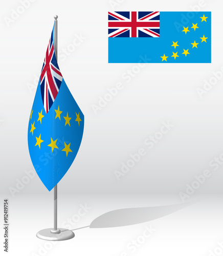 Tuvalu flag on flagpole for registration of solemn event, meeting foreign guests. National independence day of Tuvalu. Realistic 3D vector on white