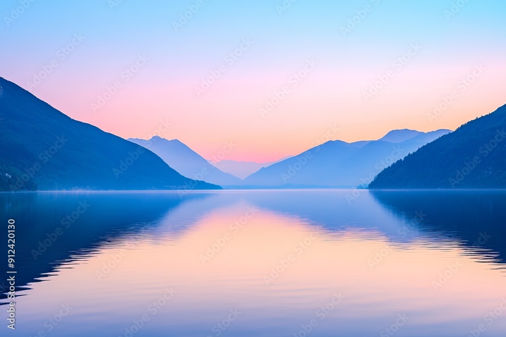 A serene lake surrounded by mountains during sunset, with soft pastel colors reflecting on the water's surface.