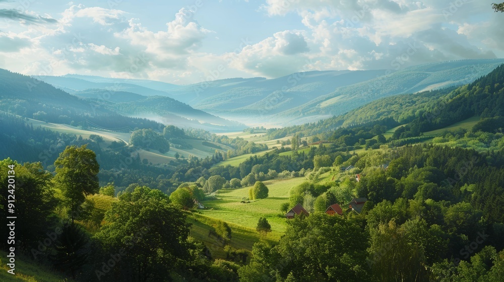 Fototapeta premium Beautiful summer landscape view of the lush green mountain valley