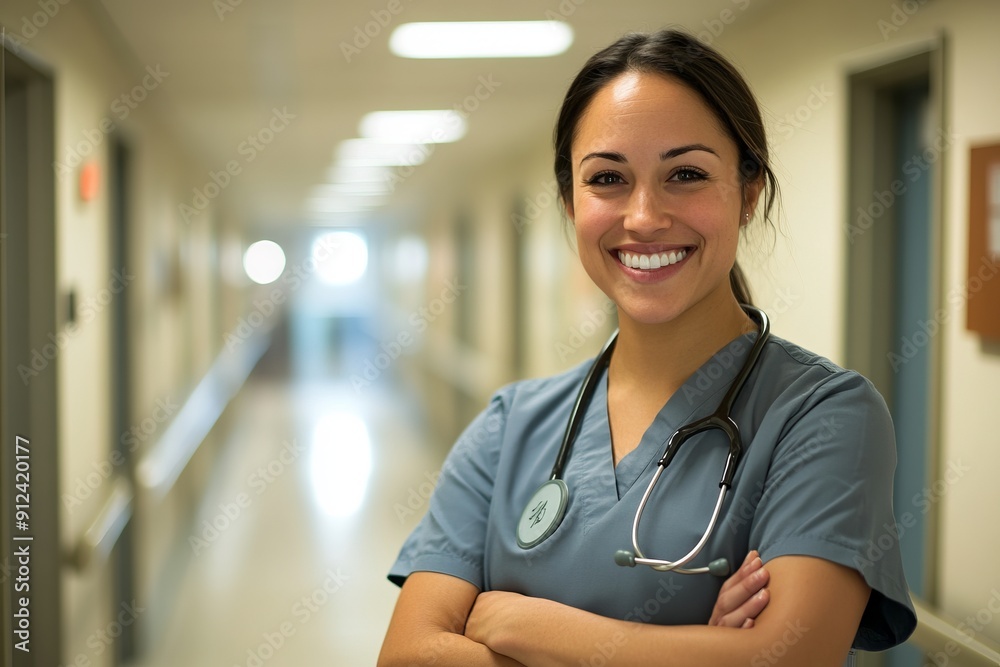 A smiling male healthcare professional wearing scrubs and a stethoscope, standing in a hospital corridor. The background is softly blurred, emphasizing the subject's friendly demeanor. A smiling male healthcare professional wearing scrubs and a stethoscope, standing in a hospital corridor. The background is softly blurred, emphasizing the subject's friendly demeanor.