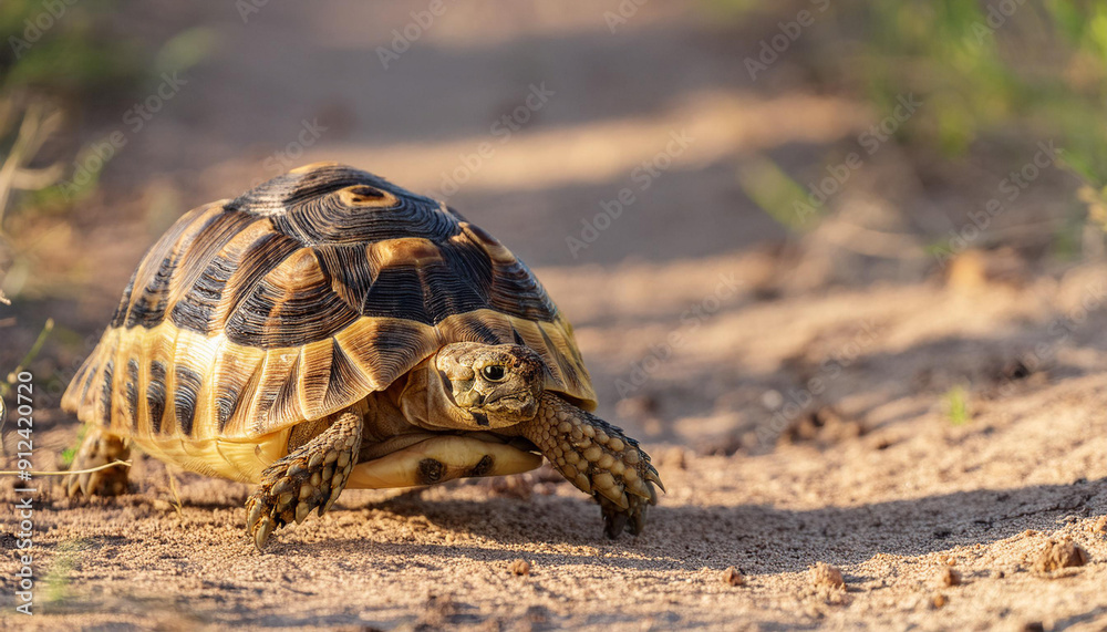 Obraz premium Leopard Tortoise Walking on a Sandy Path in the Afternoon Sun and Copy Space