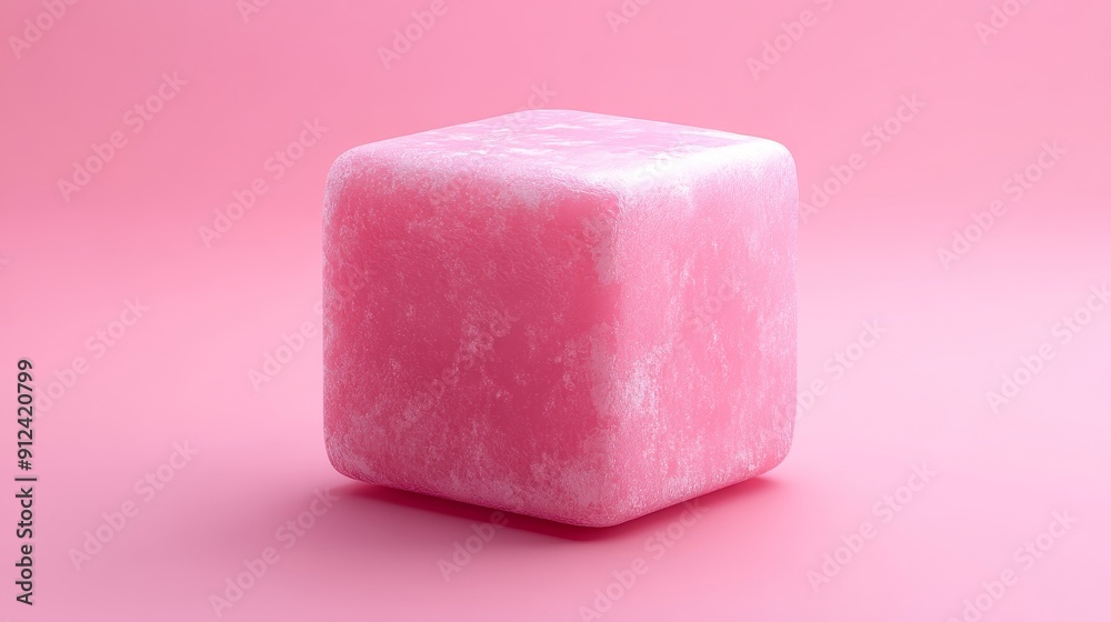 A pink cube with a white frosting on it A pink cube with a white frosting on it