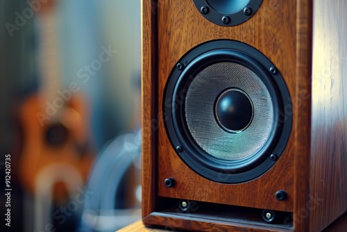 Professional sound system speaker with a wooden finish, displayed on a shelf