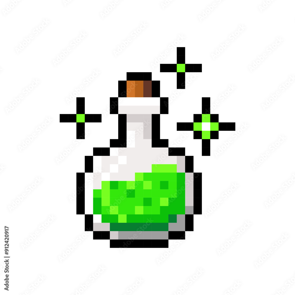 Fototapeta premium Witch potion in glass bottle isolated on transparent background. Chemistry glass bulb with green liquid. Magic elixir pixel icon. Vector illustration of Halloween elements in 16 bit style.