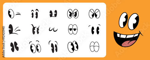 Retro cartoon comic eyes. Cartoon mascot set. Groovy vintage 30s 40s eyes with different expression