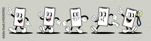 Smartphone character construction kit. Retro cartoon mascot set, mobile phone with face and body parts for different poses, funny mascot gestures and expressions. Vector phone character, isolated set 
