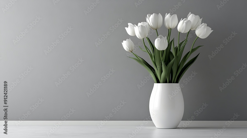 A white vase with white flowers sits on a table A white vase with white flowers sits on a table
