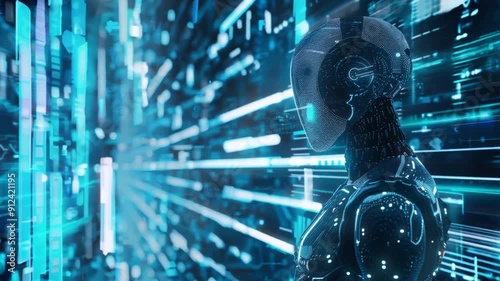 Showcase the accuracy and speed of AI technology in data analysis with a high-quality image of a 3D humanoid AI robot in a metaverse cyberspace digital world background.vidio 4k