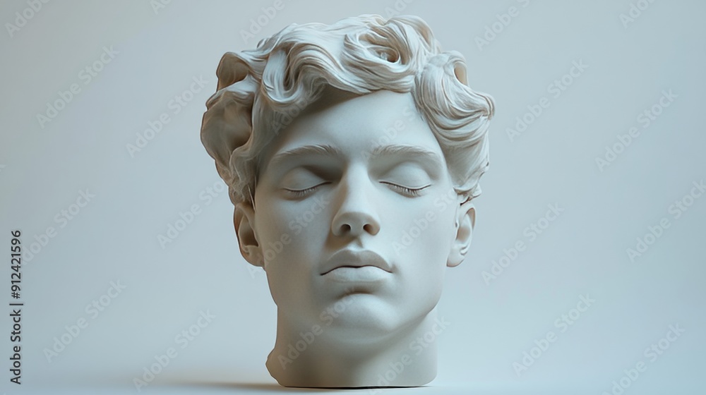A white statue of a man's head with his eyes closed A white statue of a man's head with his eyes closed
