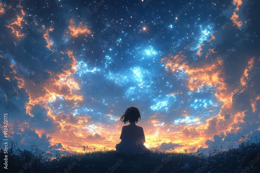 serene nighttime scene of an anime girl stargazing surrounded by a vast sky filled with twinkling stars and wispy clouds evoking a sense of wonder serene nighttime scene of an anime girl stargazing surrounded by a vast sky filled with twinkling stars and wispy clouds evoking a sense of wonder