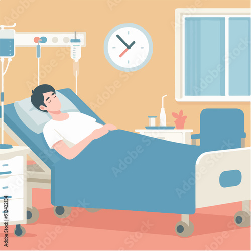 Hospitalization Concept: Doodle Art of a Sick Man in a Hospital Bed