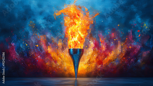 he 2024 Olympic Games in Paris, France. Watercolor image of the Olympic torch on an empty background. The moment of awarding and issuing medals