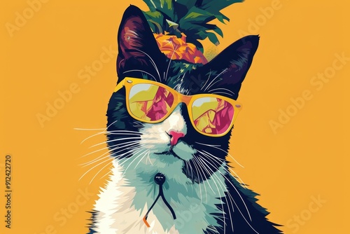 Portrait of a cat with sunglasses and pineapple hat. Vector illustration.