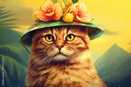 Funny portrait of a cat in a hat with flowers on a background of mountains.