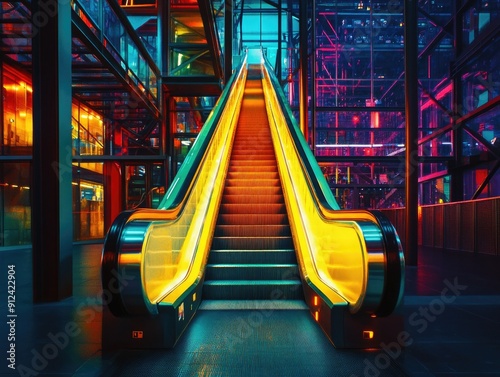A person rides the escalator in a building at night, lit by neon lights