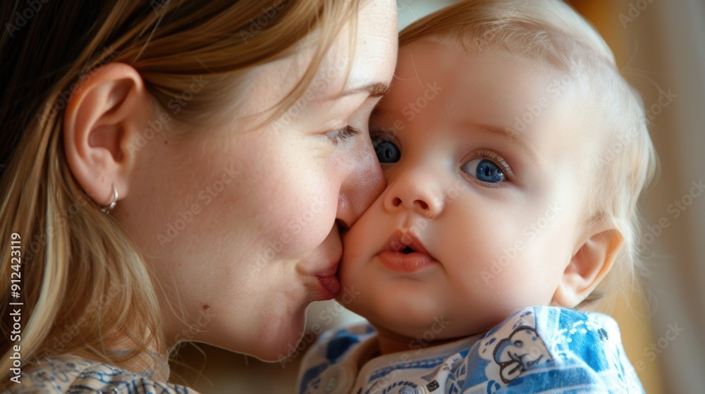 Parent And Baby. Mother Kissing Adorable Newborn with Love Parent And Baby. Mother Kissing Adorable Newborn with Love