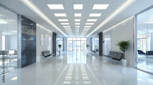 Office Lighting. Modern Architectural Design of Business Hall in City Building