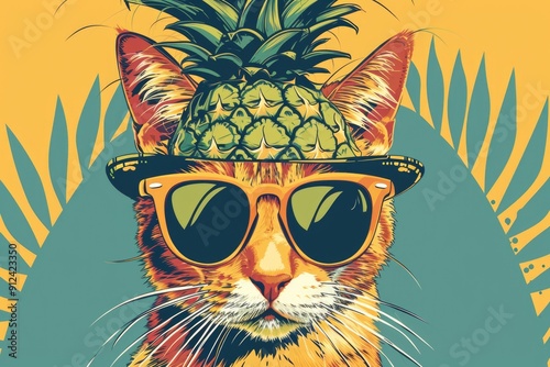 Fashion cat with pineapple hat in sunglasses. Vector illustration in retro style