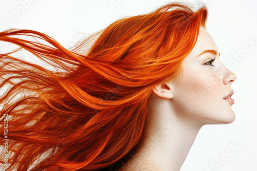 Profile portrait of a beautiful red-haired young woman with flowing hair on a white studio background.
