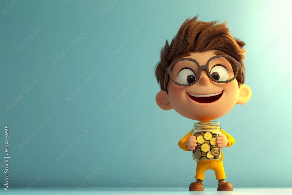 Happy Cartoon Boy Holding a Jar of Coins. Happy Cartoon Boy Holding a Jar of Coins.