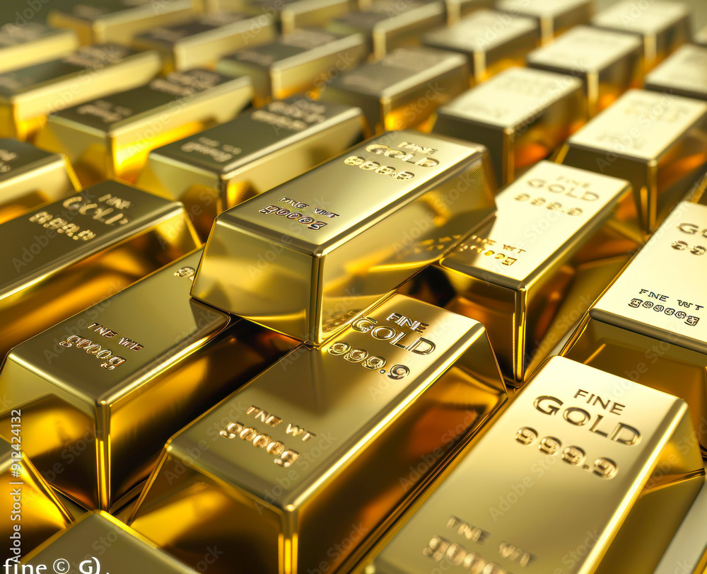 A stack of shiny gold bars arranged neatly, showcasing wealth and luxury perfect for financial, investment, and economic themes in presentations and advertisements,