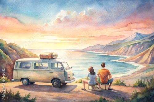 Couple of friends enjoying scenic Mediterranean view from a road side parked minivan. Travelling in camper van. Planning a road trip adventure. photo