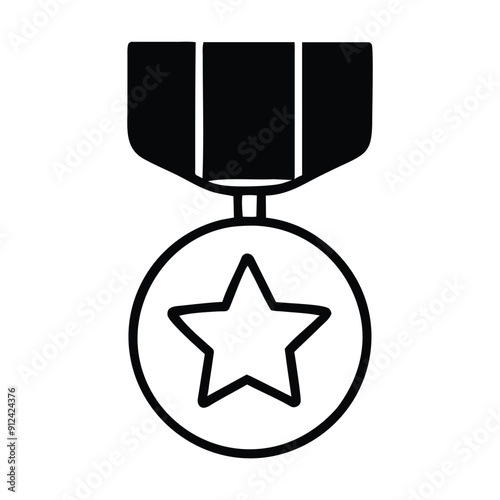 Black and white medal icon with a star in the center. Vector illustration