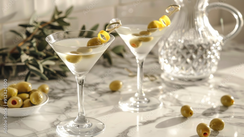 Two martini glasses with olives and lemon twists on marble counter Two martini glasses with olives and lemon twists on marble counter