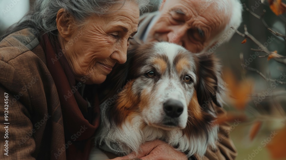A heartwarming moment of an elderly couple embracing their dog, showcasing love and companionship amidst a natural autumn setting. A heartwarming moment of an elderly couple embracing their dog, showcasing love and companionship amidst a natural autumn setting.