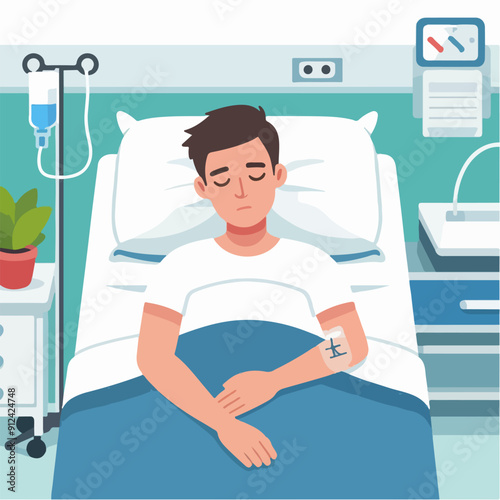 Hospitalization Concept: Doodle Art of a Sick Man in a Hospital Bed