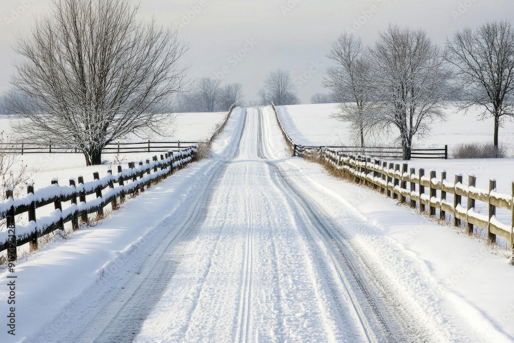 A country road covered in snow, lined with fences. A country road covered in snow, lined with fences.
