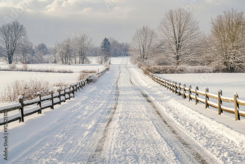 A country road covered in snow, lined with fences.