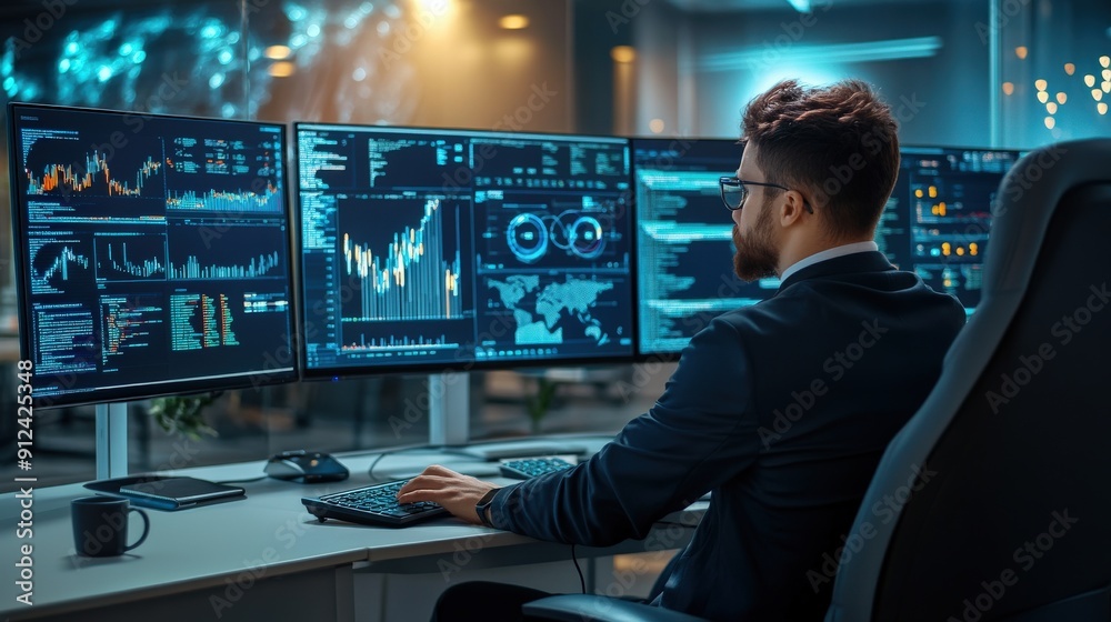 A man in a suit is sitting in front of multi computer monitors A man in a suit is sitting in front of multi computer monitors