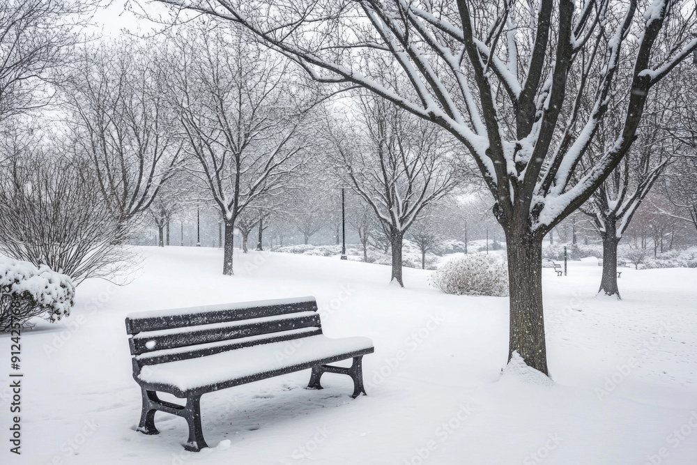 A park bench covered in snow under bare winter trees. A park bench covered in snow under bare winter trees.