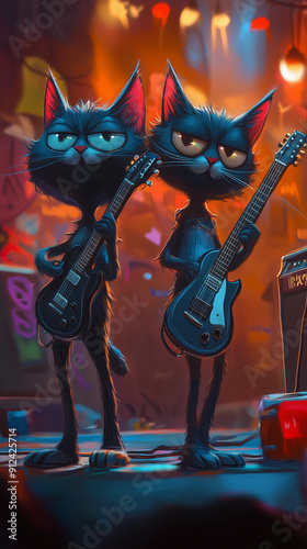 Two cartoon cats rock guitarists on stage