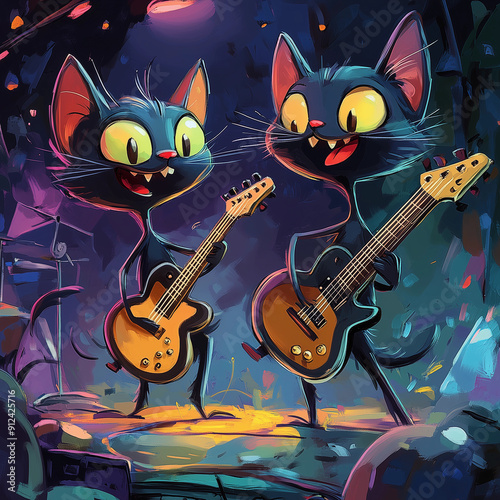Two cartoon cats rock guitarists on stage