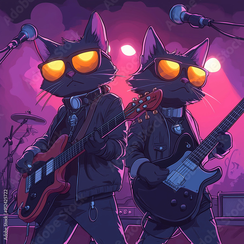 Two cartoon cats rock guitarists on stage