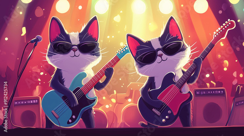 Two cartoon cats rock guitarists on stage