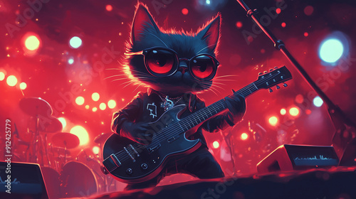 Cartoon cat rock guitarist on stage
