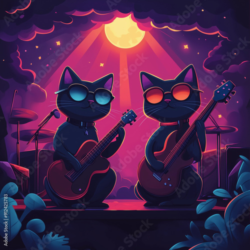 Two cartoon cats rock guitarists on stage