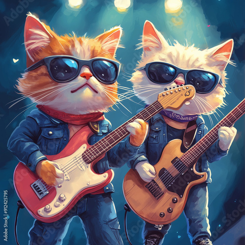 Two cartoon cats rock guitarists on stage