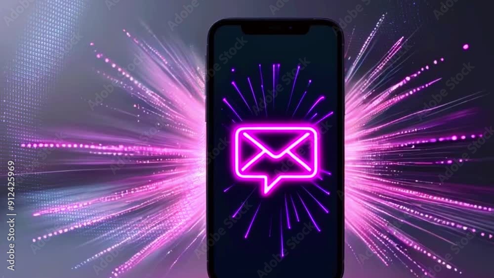 Smartphone displaying glowing message icon with pink light streaks.