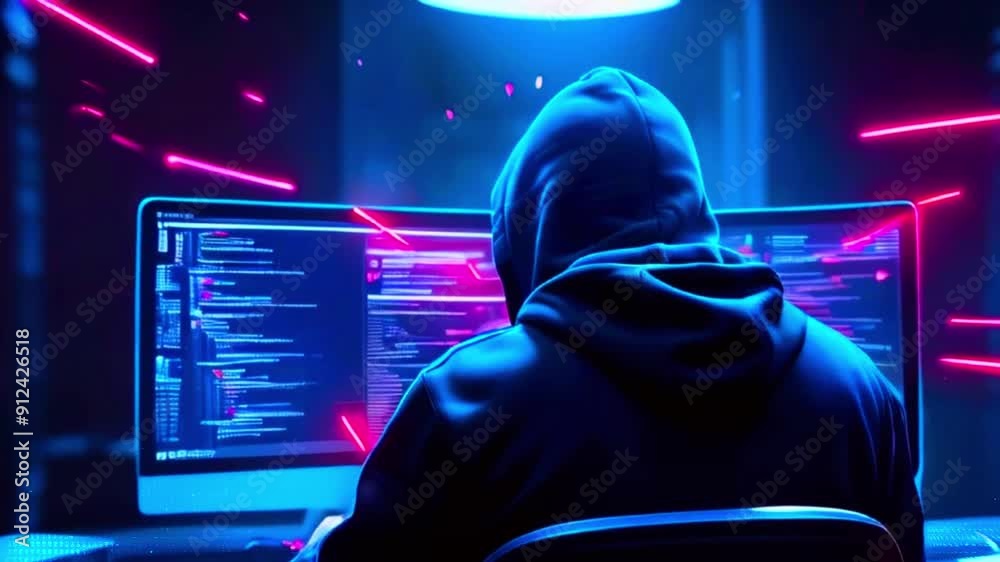 Hooded figure working on a computer in a dark room lit by pink and blue light.