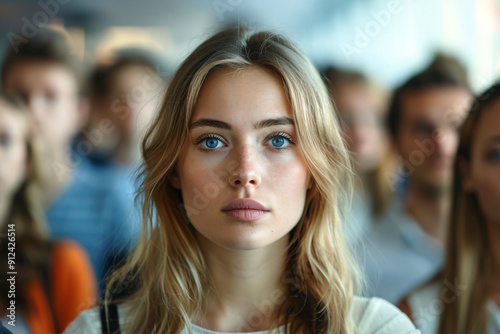 A blond woman with blue eyes standing in a blurry crowd of people