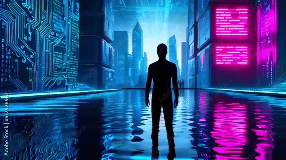 Silhouette of a person standing in a futuristic city with neon lights reflecting on a flooded street. Silhouette of a person standing in a futuristic city with neon lights reflecting on a flooded street.