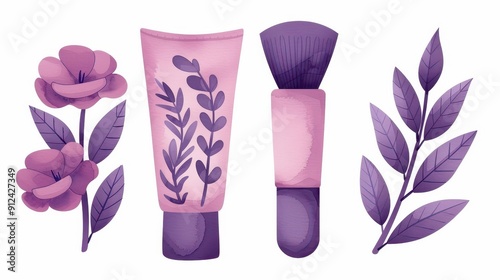 Delicate watercolor collection of lavender and floral elements, perfect for cosmetic packaging or beautythemed designs. photo