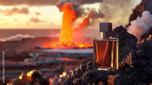 Product photoshoot of a brown perfume bottle, kept on the edge of the cliff of a volcanic opening, with defocused lava in the background,  vidio 4k