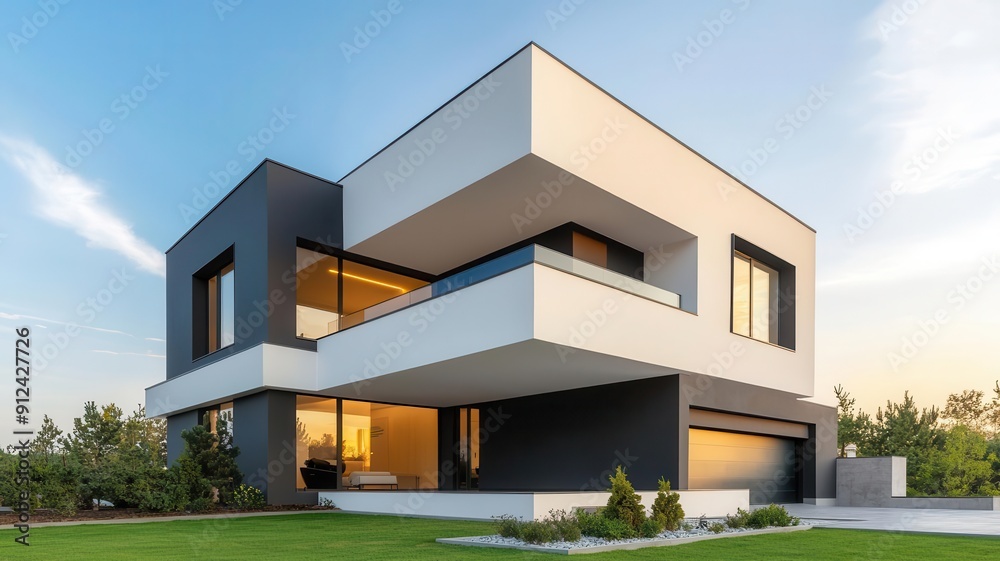 Fototapeta premium Modern luxury home with a high price sign, High, Real estate market trends