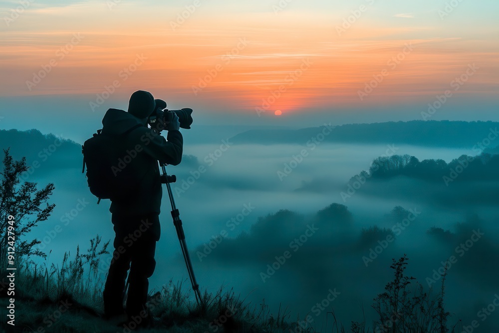 Fototapeta premium A photographer capturing the serene beauty of a foggy sunrise over a misty landscape, creating a peaceful and inspiring outdoor scene.